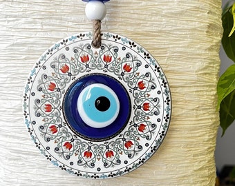 Turkish Classic Tulip Rounded Wall Hanging Decor, Evil Eye Amulet, White Ceramic Evil Eye Decor,Home Protective Talisman,Home Entrance Decor