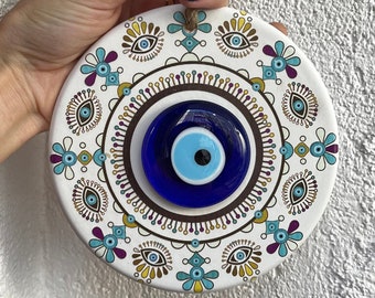 White Ceramic Wall Hanging Decor, New Style Ceramic Handmade Evil Eye, Trend Gift Good Luck Talisman, Amulet for Home, Turkish Nazar