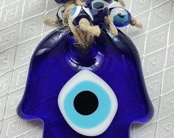 Blue Glass Hamsa Wall Hanging, Evil Eye Amulet, Home Protection