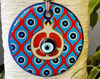Modern colorful Evil eye /Bright pomegranate painted Wall Hanging /Turkish Evil eye Gold trim/Amulet for Home/Housewarming Gift/Turkish Bead
