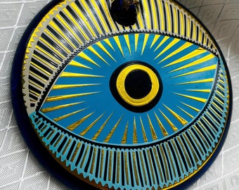 Gold plated ancient Evil eye hanging-Blue Evil Eye Hanging Amulet-Round Evil Eye Wall Hanging Decor-Turkish Evil Eye-Protection For Home