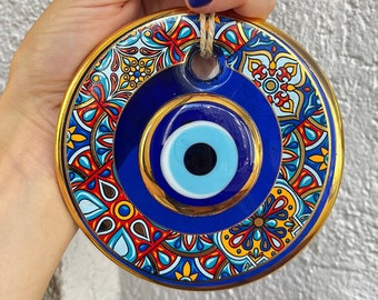Colorful Wall Hanging, Gold Rim Evil Eye, Handmade Amulet, Glass Evil Eye,Round Evil Eye Hanging Decor, Protective Talisman,Good Luck Amulet