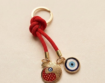 Evil Eye Keychain with Pomegranate Charm – Nazar Protection Amulet, Handmade Turkish Key Ring Gift