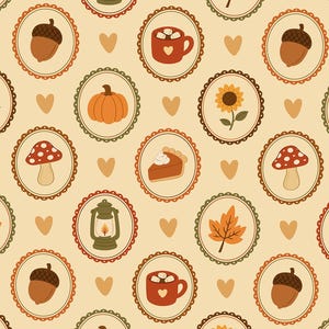 Puede incluir: Un patrón repetitivo sobre un fondo beige claro con marcos circulares festoneados que contienen iconos de otoño: hojas de arce naranjas, bellotas marrones, girasoles amarillos, setas rojas, calabazas naranjas, linternas, tazas de cacao y porciones de tarta de calabaza.