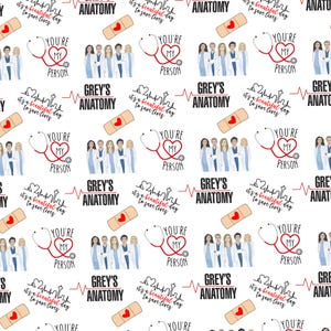 Puede incluir: Patrón blanco repetido con elementos médicos. Incluye estetoscopios, el texto "YOU'RE MY PERSON", el texto "GREY'S ANATOMY", tiritas y una línea de latidos del corazón.