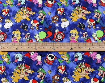 May include: A blue fabric with a repeating pattern of various characters from the Super Mario Bros. video game franchise. The characters include Mario, Luigi, Bowser, Toad, and Yoshi. The fabric is ideal for crafting projects, such as making cushions, blankets, or bags.