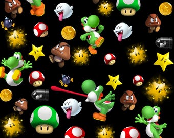 May include: A black fabric pattern featuring repeating Super Mario characters and items including green Yoshi figures, brown Goombas, white Boo ghosts with pink tongues, red and green mushrooms, yellow stars, gold coins, and black Bullet Bills.