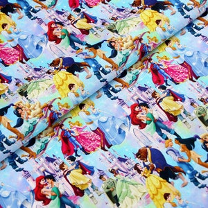 Tessuto Disney Multi Princess Rapunzel Belle Biancaneve Jasmine Ariel Tessuto Cartoon Tessuto di cotone al mezzo metro