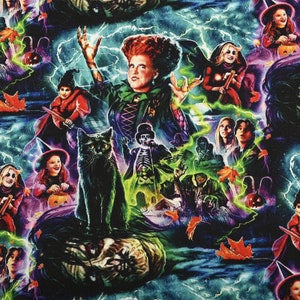 May include: A colourful and spooky Halloween fabric featuring a variety of characters, including a witch, a black cat, a skeleton, and a monster. The fabric is perfect for creating Halloween costumes, decorations, and crafts.