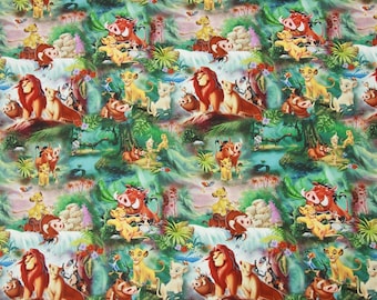 May include: A colorful fabric featuring a repeating pattern of Simba, Nala, Pumbaa, and Timon from Disney's The Lion King. The characters are depicted in a jungle setting with lush green foliage, waterfalls, and vibrant flowers.