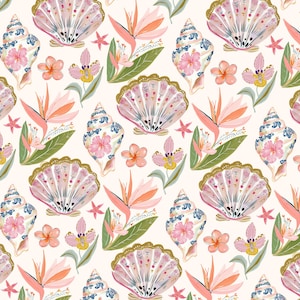 May include: A repeating pattern on a cream background featuring illustrations of pink and white scallop shells with gold edges, spiral seashells with blue and pink floral accents, orange bird of paradise flowers, and small pink starfish.