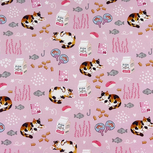 Sushi Cat Cotton Fabric By The Half Yard