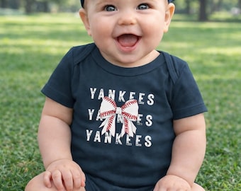 New York Yankees Baby Onesie: Distressed Baseball Bow Bodysuit – Infant Outfit