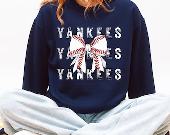 New York Yankees Baseball Bow Crewneck Sweatshirt | Team Sports Fan Apparel