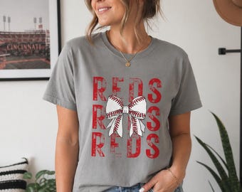 Cincinnati Reds Baseball Bow Graphic Tee | Distressed Vintage Style Shirt