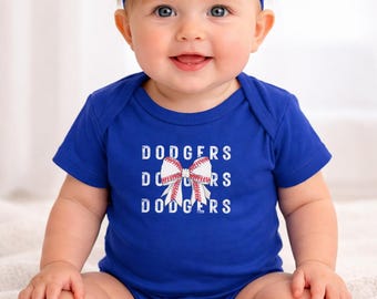 Los Angeles Dodgers Baby Onesie with Baseball Bow – Distressed Fan Outfit