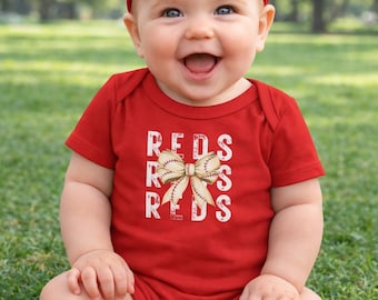 Cincinnati Reds Baseball Bow Baby Onesie: Distressed Sports Outfit