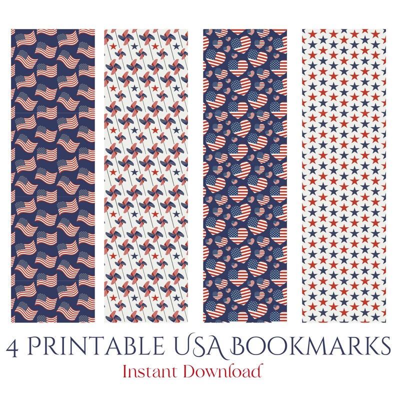 4 Printable Bookmarks With USA Theme, Flag, Pinwheels Red, White and ...
