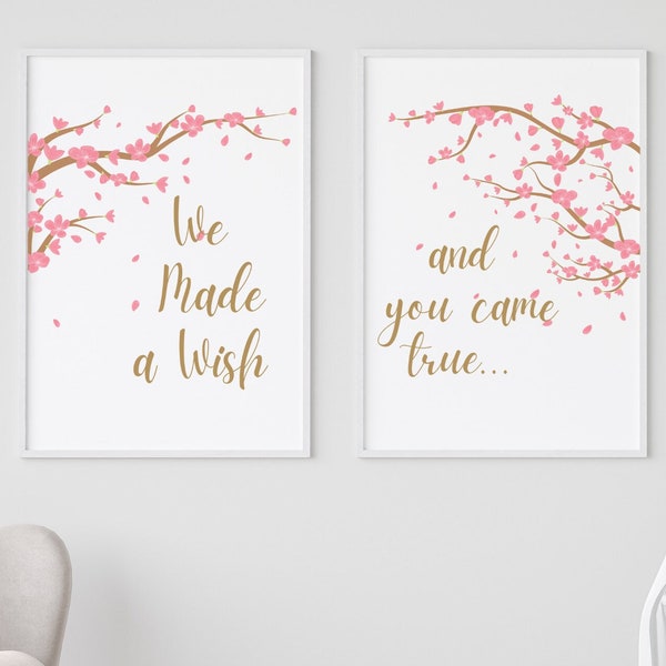Cherry Blossom Digital Art Print - We Made a Wish Baby Girl Art - Nursery Wall Art - Baby Gift - Baby Room Decor - Children's Room Decor