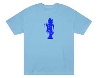 May include: A light blue t-shirt with a blue silhouette of a person playing a flute.