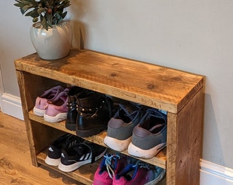 rustic bench,shoe organiser,reclaimed scaffold board shoe rack.