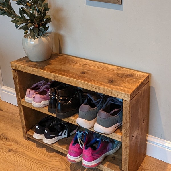 rustic bench,shoe organiser,reclaimed scaffold board shoe rack.