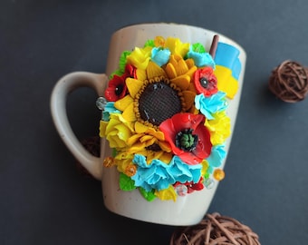 Tazza in argilla polimerica con girasoli, realizzata a mano, tazza da caffè floreale