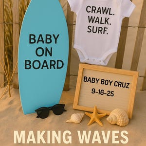 Beach and Surf themed Pregnancy Baby Announcements Editable Template Announcement Baby On Board photo social media download and edit