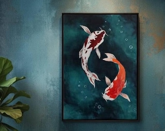Hand Painted Oil Reproduction Koi Fish Wall Art | Harmony, Balance Symbolism (70x50 cm)