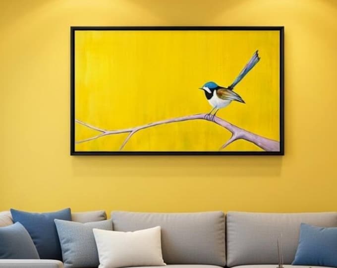 Original| Golden Silence – Original Acrylic Bird Painting, Yellow Wall Art, Minimalist Nature Artwork