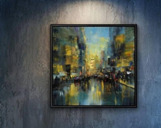 Abstract Cityscape Oil Painting | Evening Metropolis, Blue Yellow Accents (40x40cm)