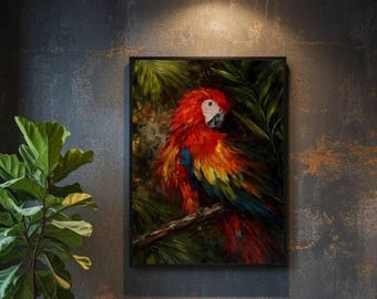 Scarlet Macaw Oil Painting | Hand-Painted Parrot Wall Art, 70x50cm