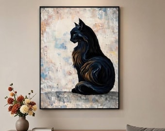 Original Black Cat Oil Painting | Expressive Animal Wall Art (90x70 cm)