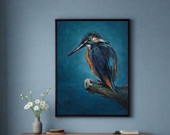 Original Acrylic Kingfisher Painting | Blue Wildlife Bird Art, Modern Nature Decor