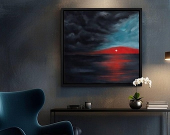 Vivid Sunset Landscape Painting | Dramatic Sky, Reflective Water Art