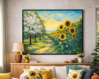 Hand-Painted Oil Reproduction: Impressionist Sunflower Path Landscape Wall Art