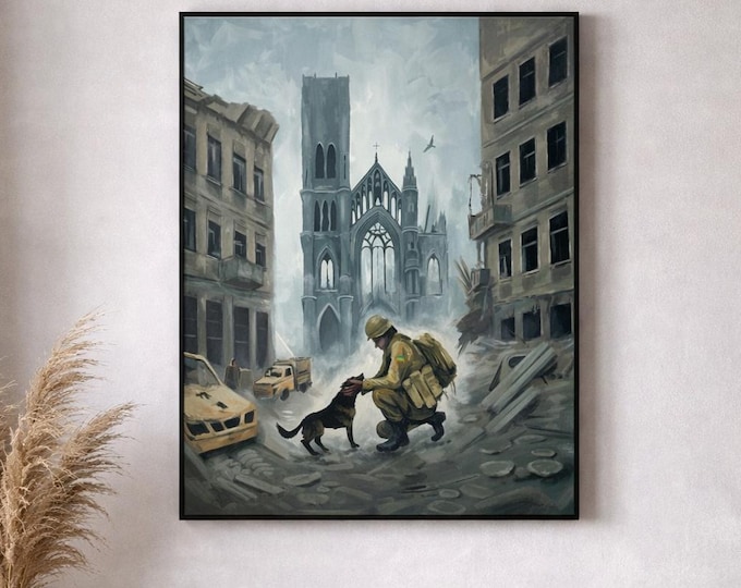 Original Oil Painting: Soldier and Dog in War-Torn City – Emotional Contemporary Artwork