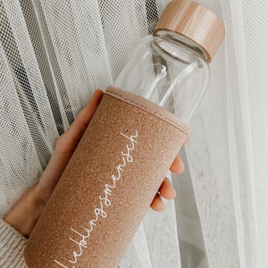 DRINKING BOTTLE | GLASS | PERSONALIZED | Sustainable bottle | 500ml | Cork insulation for drinks