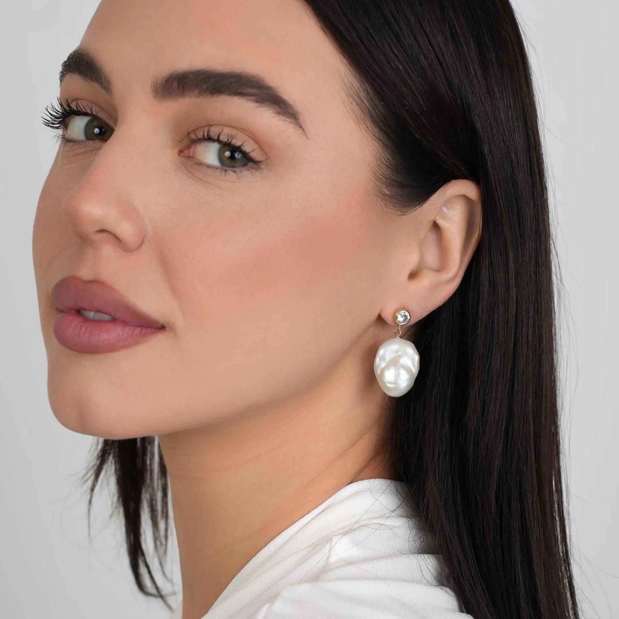 Baroque Pearl Drop Earrings – Organic Freshwater Pearl, CZ Stud