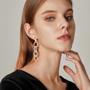 Chain Pearl Dangle Earrings Long Genuine Pearl Earrings Pearl Bead Chain Earrings Multiple Hoop Pearl Earrings Statement Pearl Hoops image 4