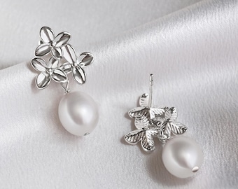 Pearl Drop Dangle Earrings, Freshwater Pearl Earrings, Elegent Flower Earrings, Handmade in Gold, Silver, Rose Gold