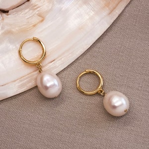 Pearl Teardrop Earrings, 14k Gold Huggie Hoop Earrings, Natural Freshwater Pearl Earrings, Drop Dangle Earrings, Gift for Her
