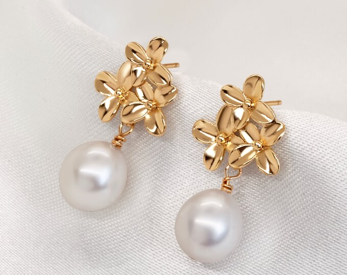 Flower and Pearl Drop Earrings,gold Pearl Earrings,real Freshwater ...