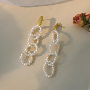 Chain Pearl Dangle Earrings Long Genuine Pearl Earrings Pearl Bead Chain Earrings Multiple Hoop Pearl Earrings Statement Pearl Hoops image 2