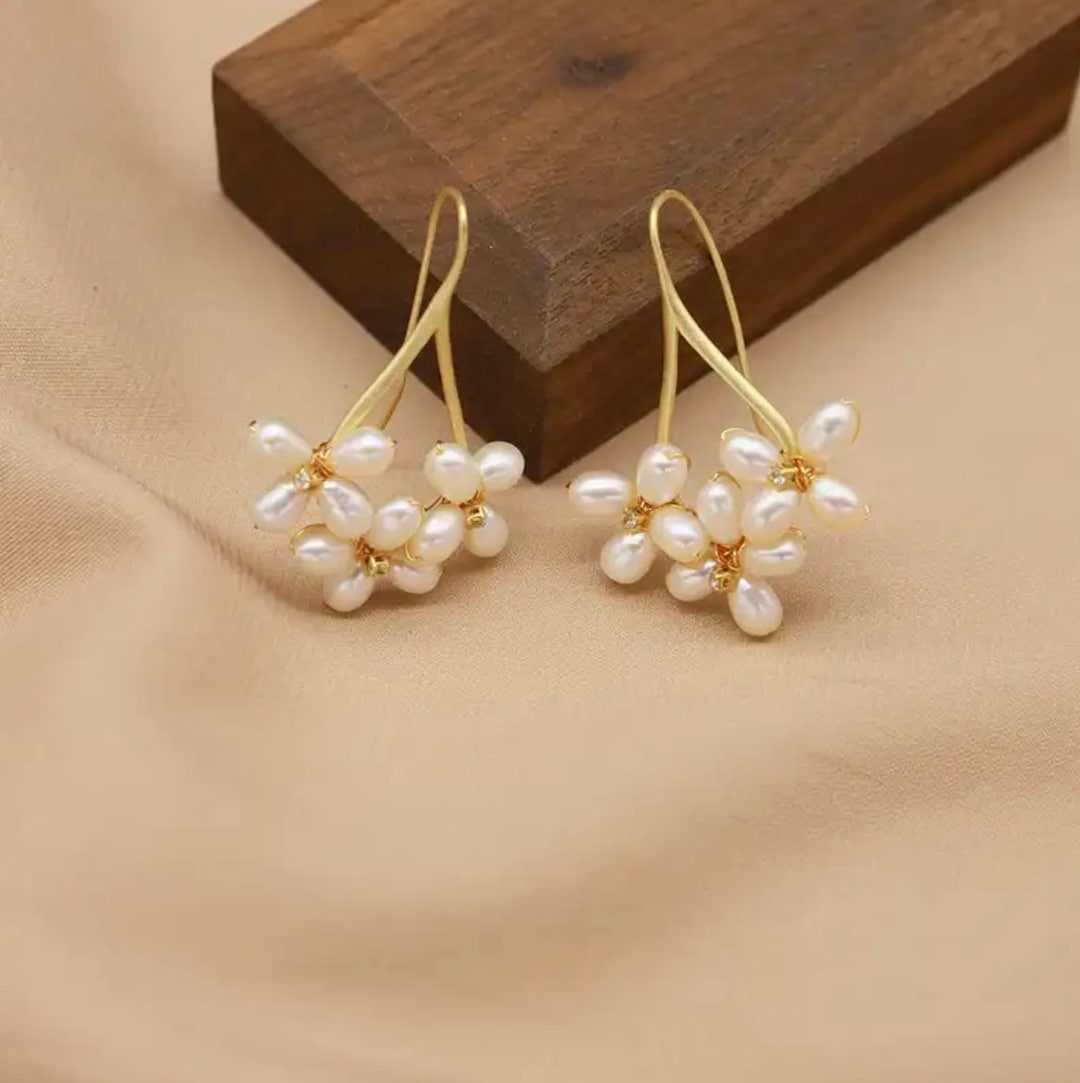 Gold Flower Pearl Earrings Pearl Cluster Drop Earrings - Etsy