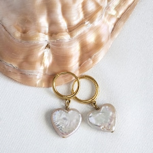 Natural Freshwater Pearl Hearts • Pearl Heart Hoops • Pearl Heart Huggies • Heart Huggies Dangle • Real Pearl Heart Earrings • Dangle Hoops