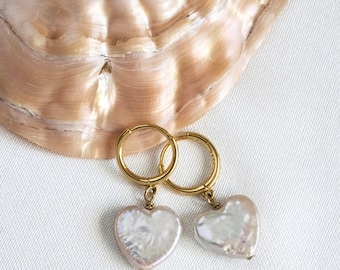 Natural Freshwater Pearl Hearts • Pearl Heart Hoops • Pearl Heart Huggies • Heart Huggies Dangle • Real Pearl Heart Earrings • Dangle Hoops