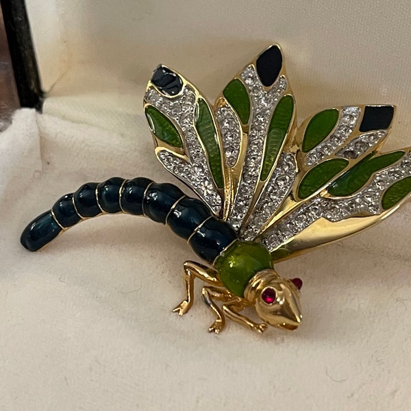 Judith Leiber Dragonfly BROOCH, Enamel and Crystals,, Gold Plated, Vintage PreOwned