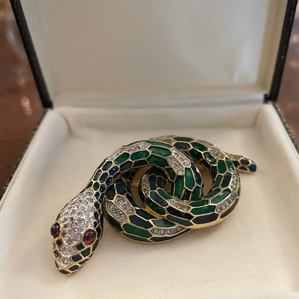 Judith Leiber Snake BROOCH, Enamel and Crystals, Cabochon Eyes, Gold Plated, PreOwned