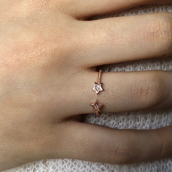 Bague ajustable étoile zircon cubique, Bijoux en argent sterling plaqué or rose 14k, Bague femme minimaliste et délicate, Bijou accumulable